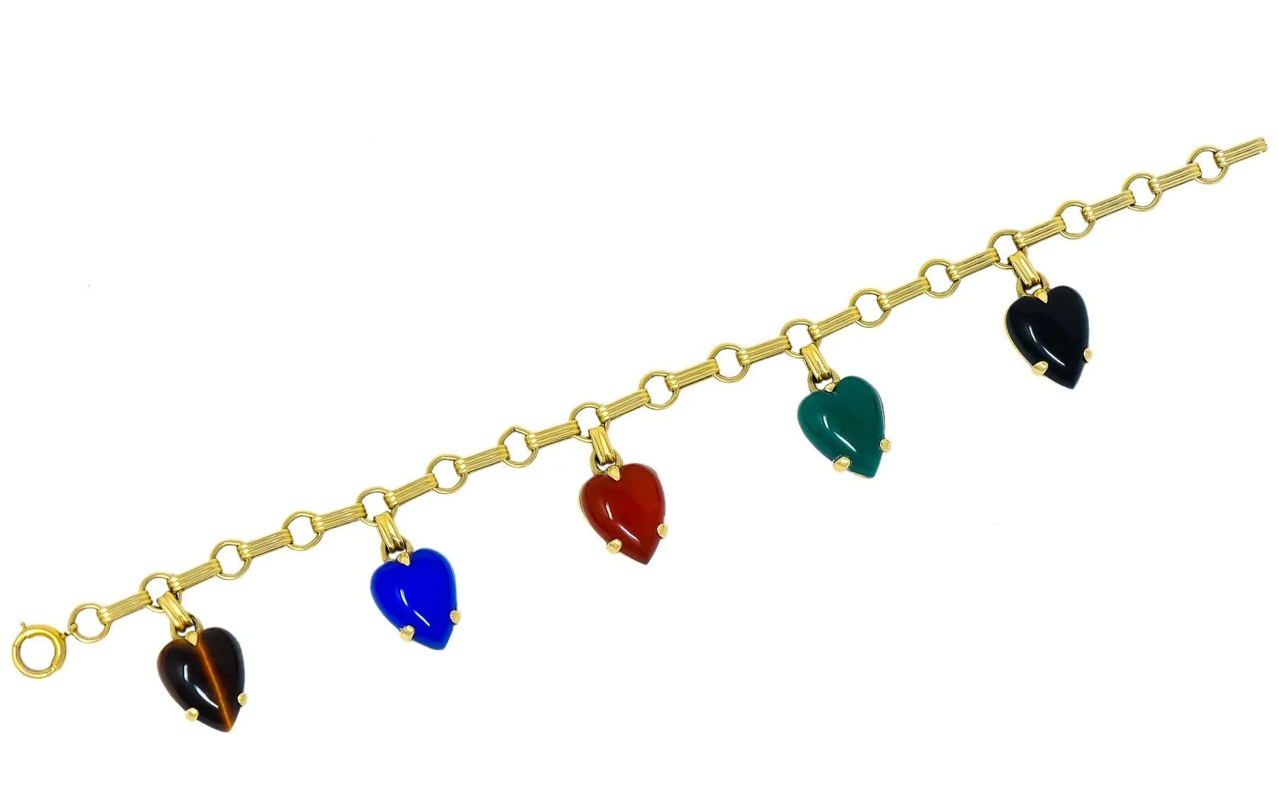 1940's Retro Agate 14 Karat Gold Heart Charm Bracelet