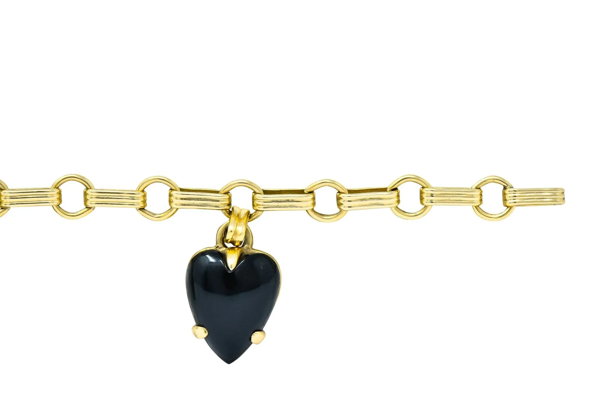 1940's Retro Agate 14 Karat Gold Heart Charm Bracelet