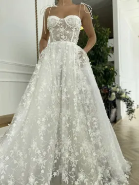 A-line Lace Applique Gorgeous Beach Long Wedding Dresses, Bridal Gown WD081