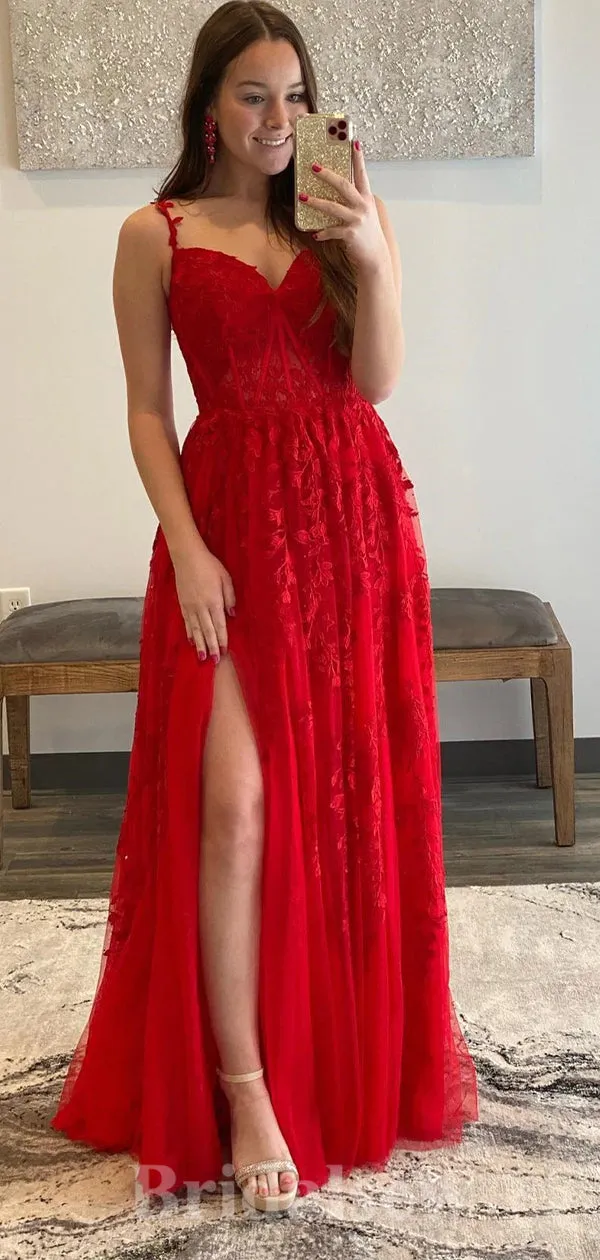 A-line Spaghetti Straps Red Lace Modest Long Women Evening Prom Dresses PD875