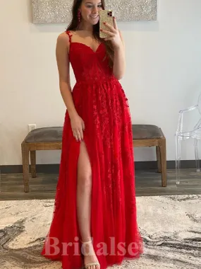 A-line Spaghetti Straps Red Lace Modest Long Women Evening Prom Dresses PD875