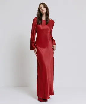 Access Fashion Red Satin Dress With Flared Shoulder