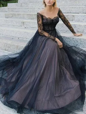 Black Lace Long Sleeve Off Shoulder Lace Up Back Prom Dresses.PD00230