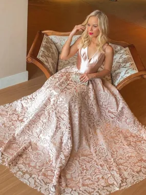 Blush Pink Satin Lace Sleeveless V-neck Prom Dresses.PD00259