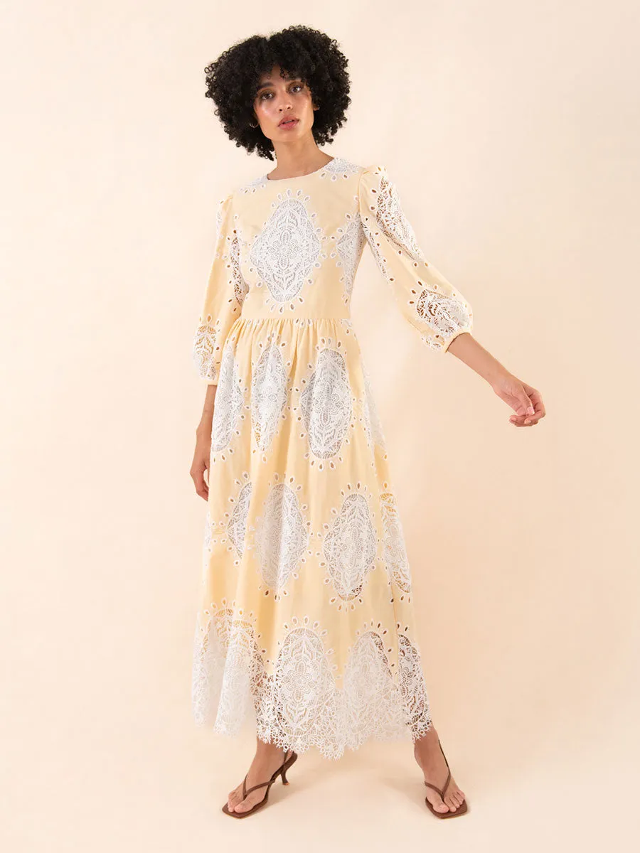 Constance Round Neck Lace Midi Dress - Pale Yellow