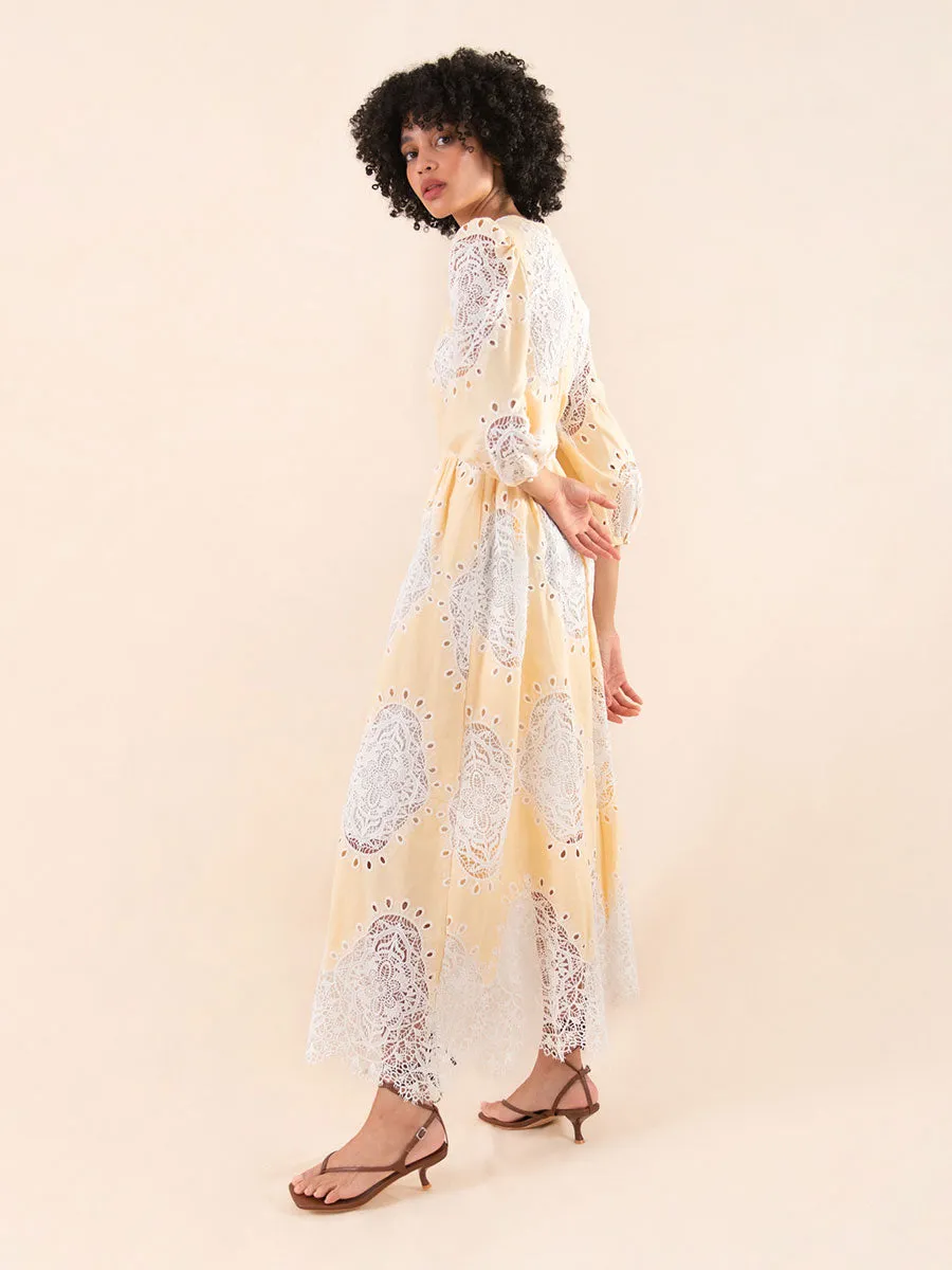 Constance Round Neck Lace Midi Dress - Pale Yellow