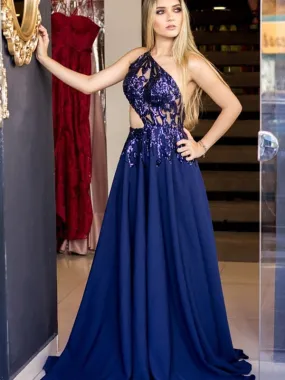 Dark Royal Blue Chiffon Shiny Applique Backless One Shoulder Prom Dresses,PD00208