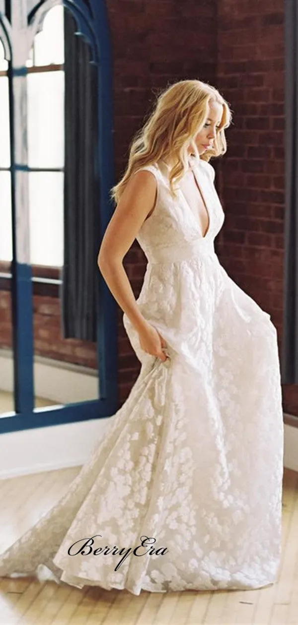 Deep V-neck Trendy Wedding Dresses, A-line Popular Lace Wedding Dresses