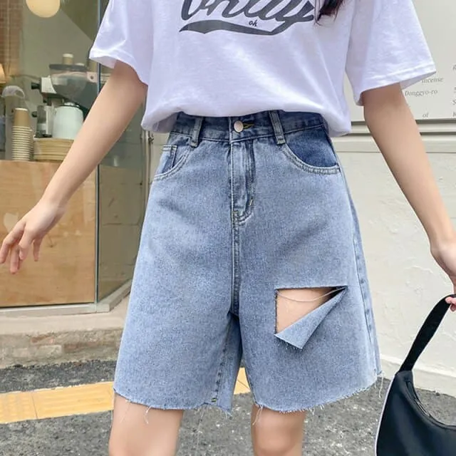 DressBetty - Women High Waist Loose Vintage Blue Denim Shorts Streetwear Female Hole Wide Leg Ladies Jeans Shorts