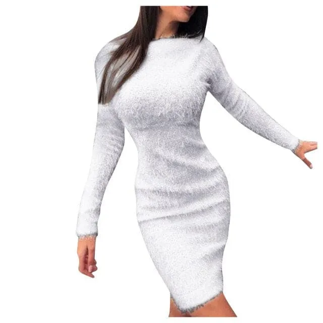 DressBetty - Women Mini Dress Ladies Autumn Winter Knit O Neck Long Sleeves Solid Color Slim Plush Sweater Bodycon Dress Robe