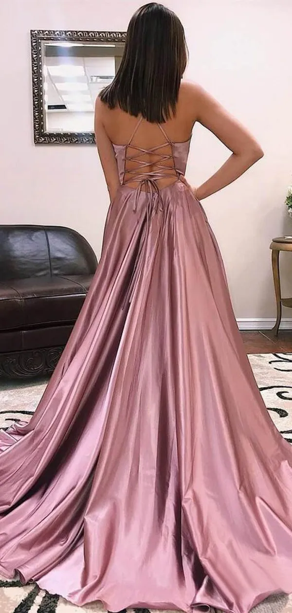 Dusty Rose Elastic Satin Spaghetti Strap Lace Up Back With Slit Prom Dresses,PD00374