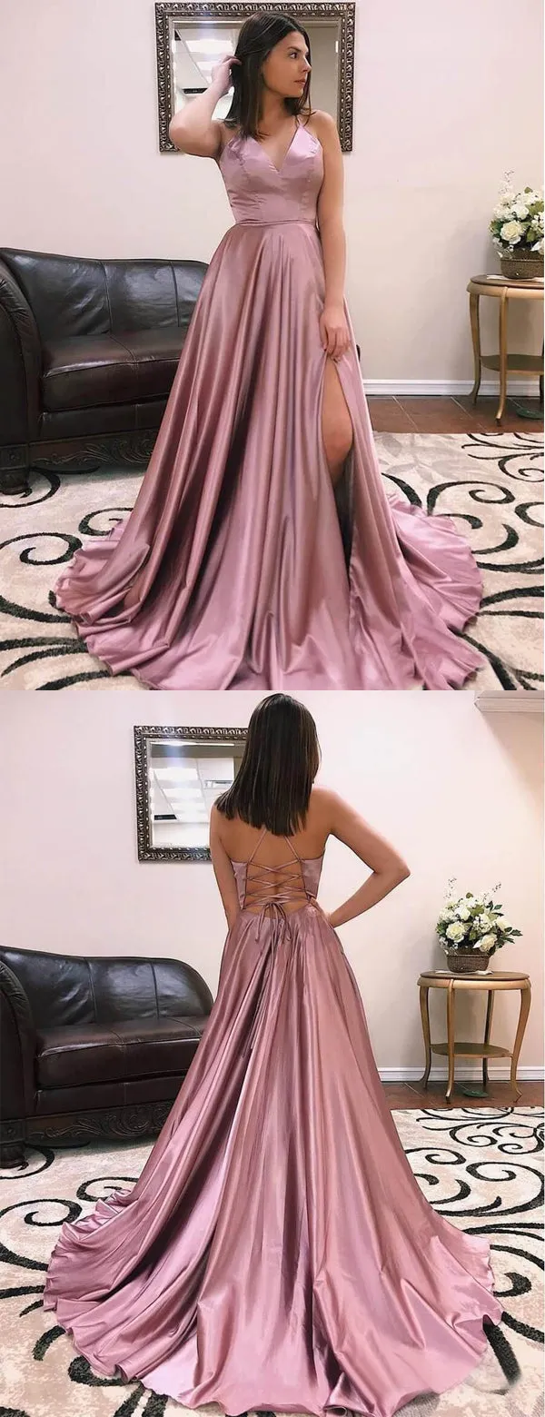 Dusty Rose Elastic Satin Spaghetti Strap Lace Up Back With Slit Prom Dresses,PD00374