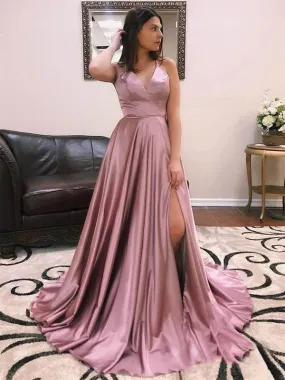 Dusty Rose Elastic Satin Spaghetti Strap Lace Up Back With Slit Prom Dresses,PD00374