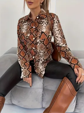 Fashion Women's Shirt Retro Snake Print 2024 Women's Shirt Elegant Women's Long Sleeved Button Up Shirt Daily Women's Top