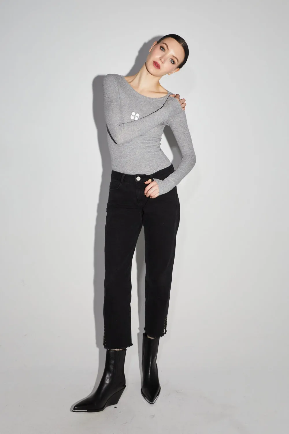 Imprevu Grey Manches Long Sleevd Ribbed Tshirt