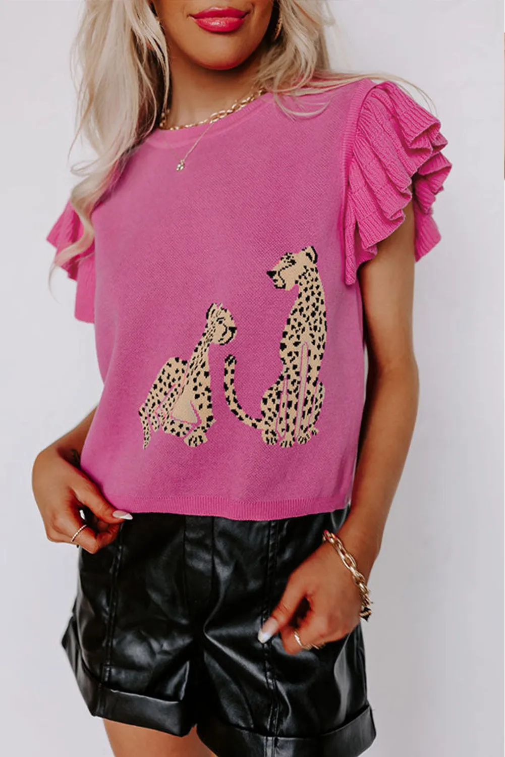 Pink Leopard Ruffled Sleeve Round Neck Knit Sweater