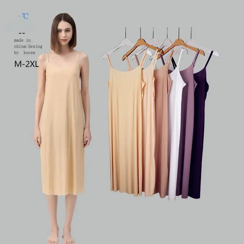 Seamless Full Slip Dresses For Women Summer Plus Size Ice Silk Petticoat Underskirt Dress Sleeveless Full Sleepshirts Nightgowns